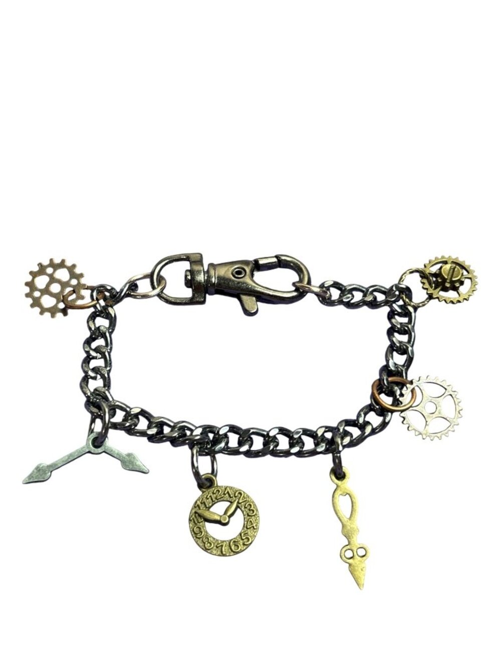 Steampunk Charm Bracelet Clock Gears Hands Multicolor Metals 7.25 inches Long